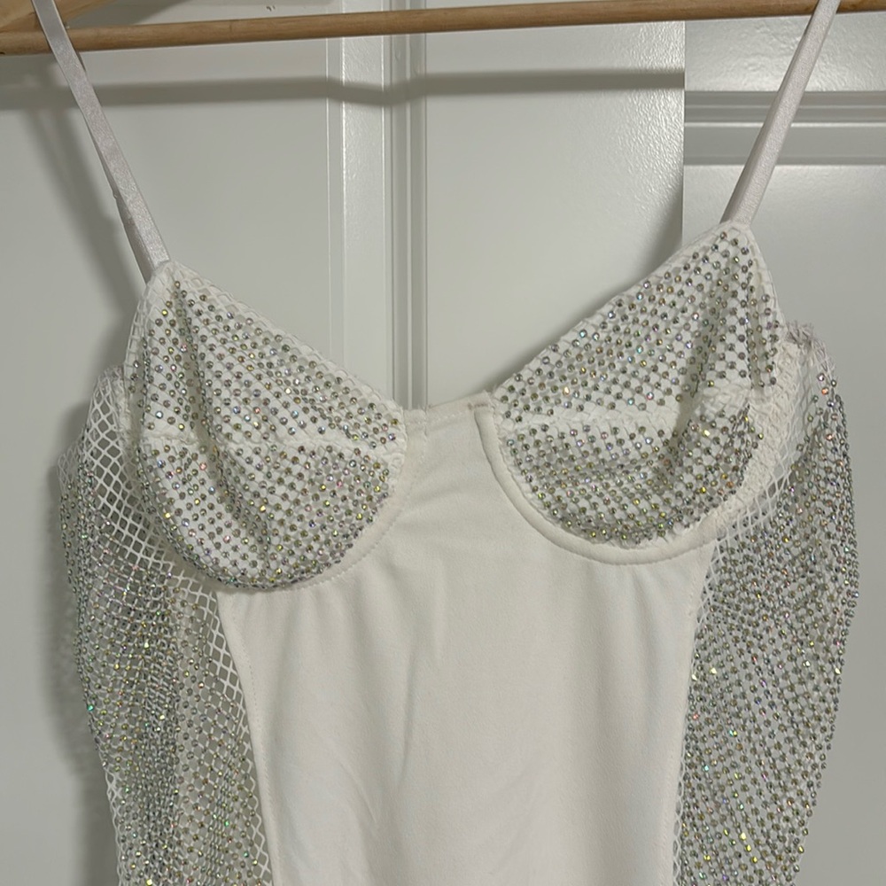 White rhinestone sparkle fishnet sheer mini dress cutout sexy